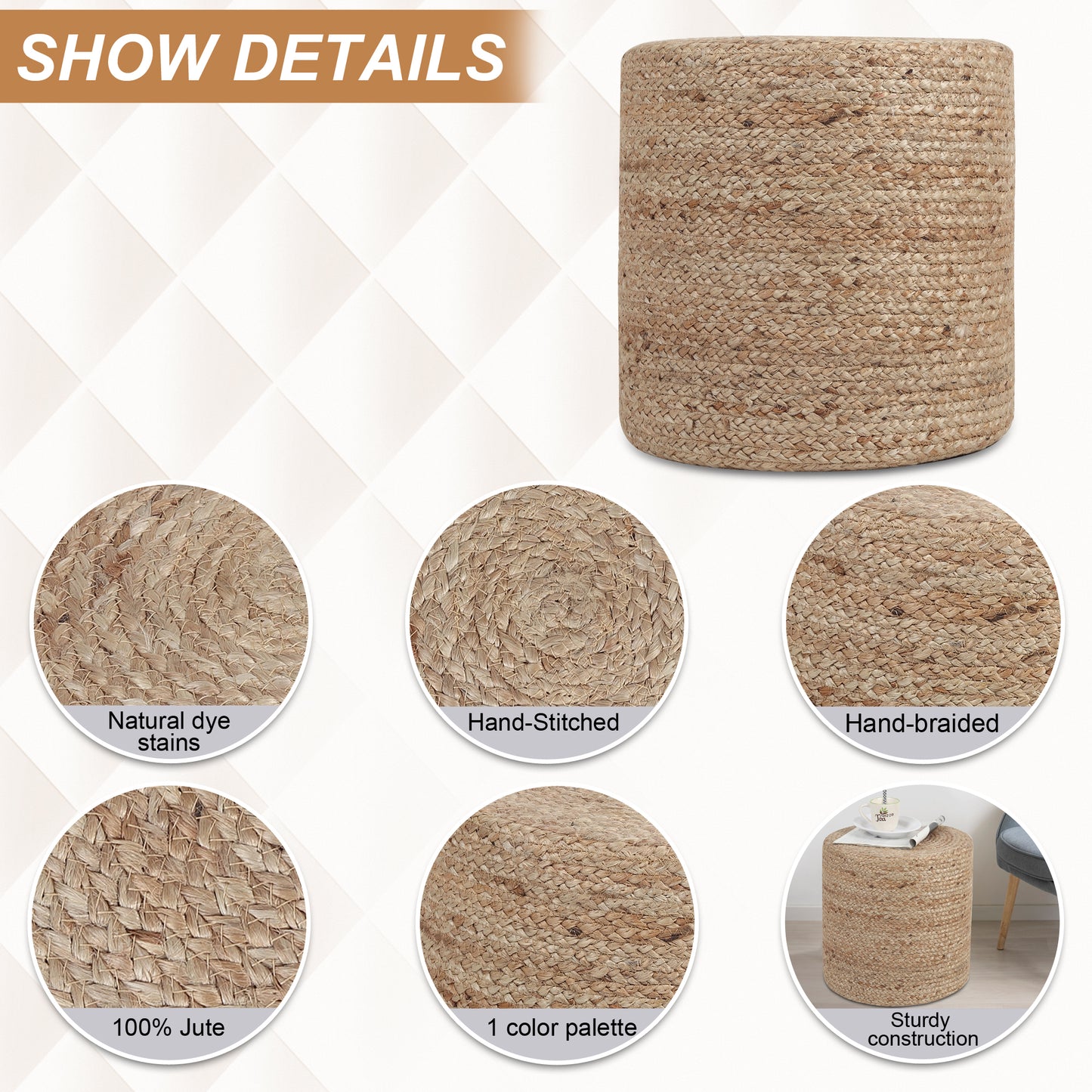 Sandstone Solace Pouf, 16"x16"